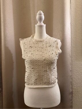Zara Cream Beaded Sleeveless Knit Tank